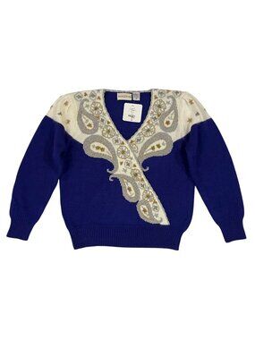 Vintage 80s Jaclyn Smith Dynasty Intarsia Knit Paisley Sweater Beaded